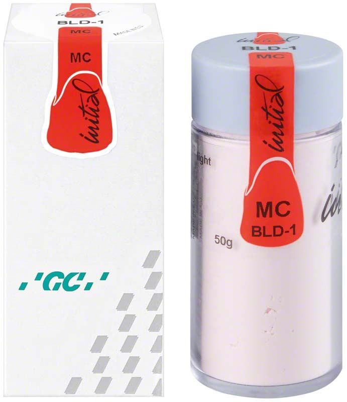 GC Initial MC Bleach Dentin 50g BLD-1 im Glasbehälter mit grauem Deckel.
