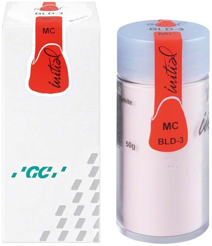 GC Initial MC Bleach Dentin BLD-3 x-white, 50g Dose neben Verpackung.