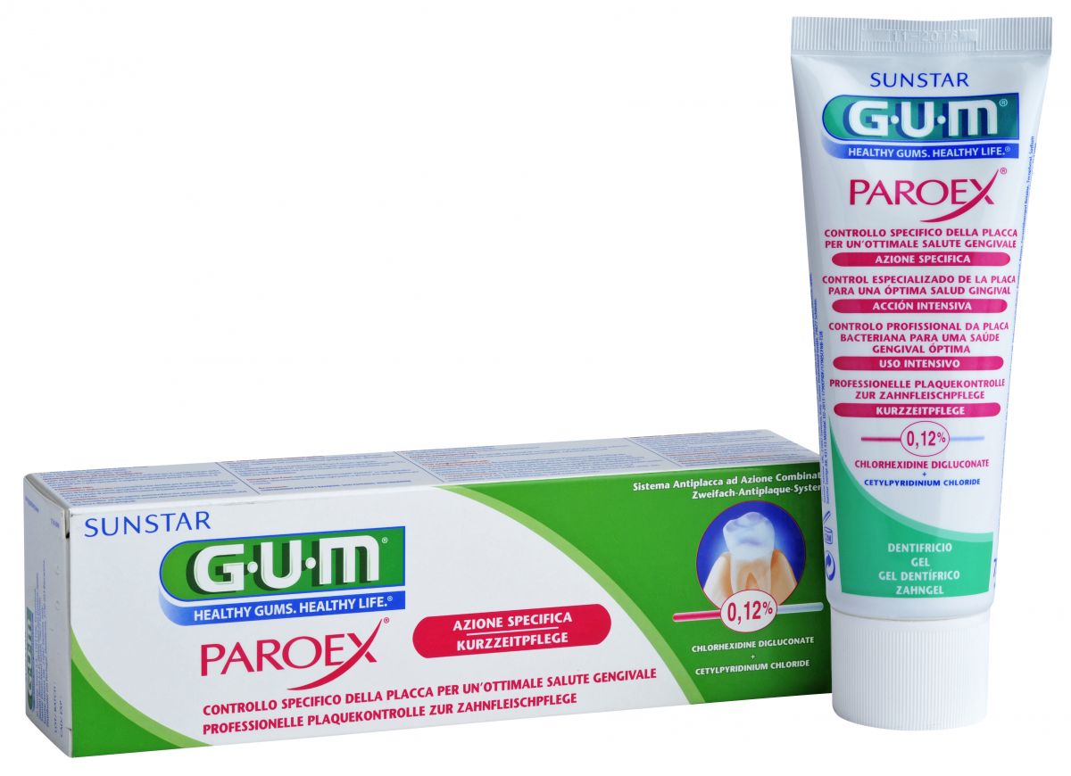 GUM® PAROEX® Zahngel 0,12% Verpackung und Tube auf weißem Hintergrund.