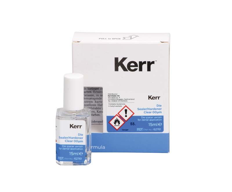 Glasflasche KerrLab Sealer/Hardener farblos 15 ml vor Verpackung.