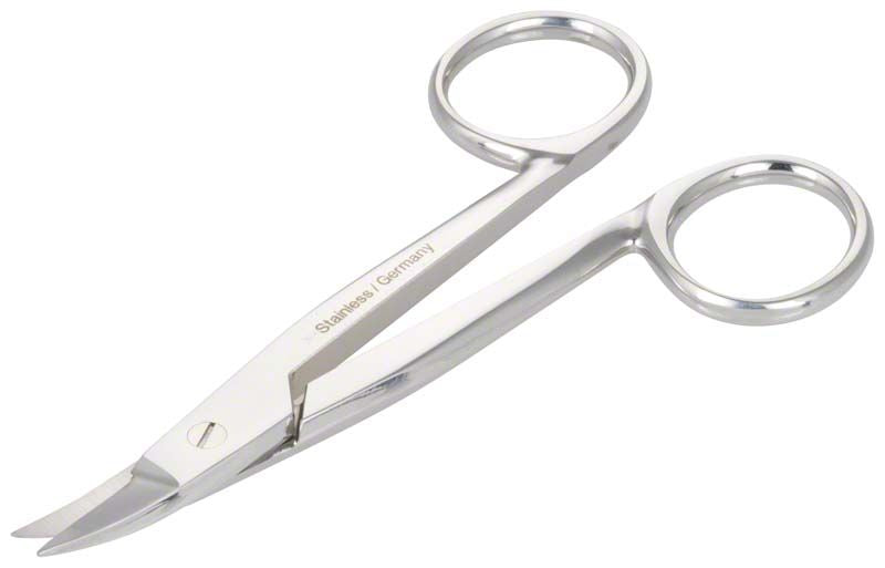 Gebogene Kronenschere aus Edelstahl mit zwei Fingergriffen.
