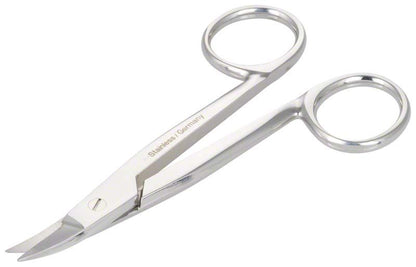 Gebogene Kronenschere aus Edelstahl mit zwei Fingergriffen.
