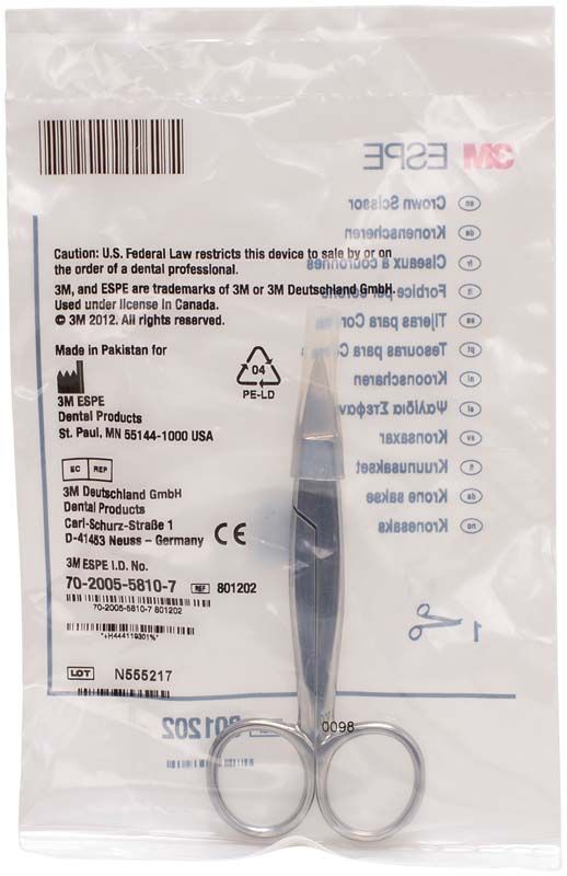 Kronenschere gebogen in Verpackung mit Produktinformationen und Herstellerlogo.