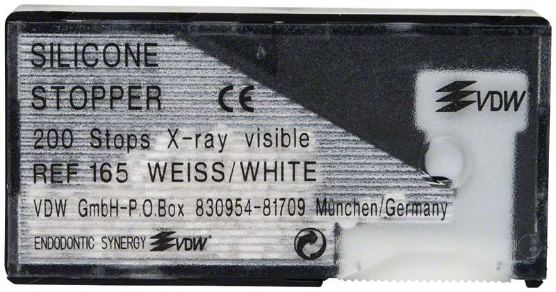 Silikon-Stopper weiß in Verpackung mit Röntgenmarkierung und CE-Zeichen.