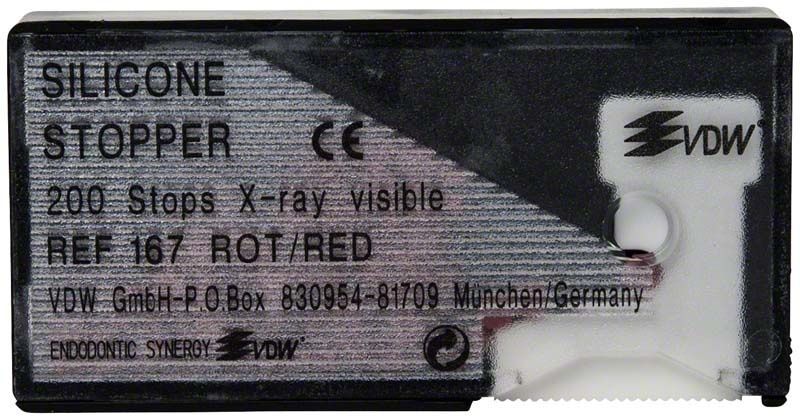 Rote Silikon-Stopper in transparenter Verpackung mit VDW-Logo.