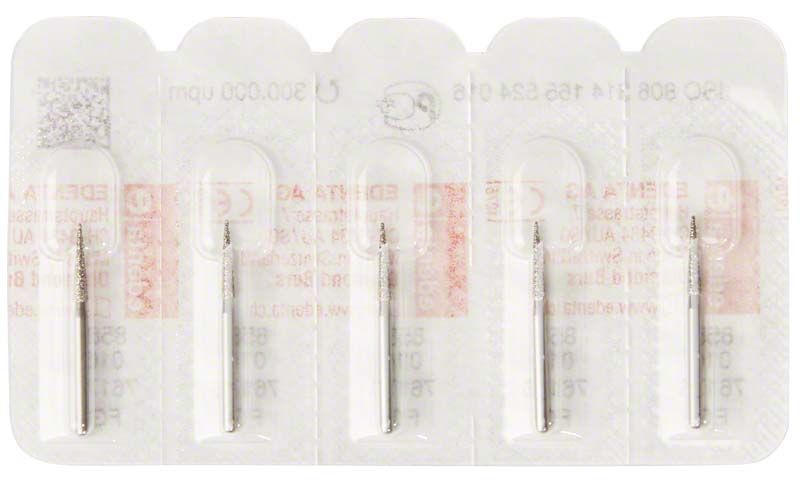 Zahnbohrer Diamant FG 858 016 in Blisterverpackung, fünf Stück.