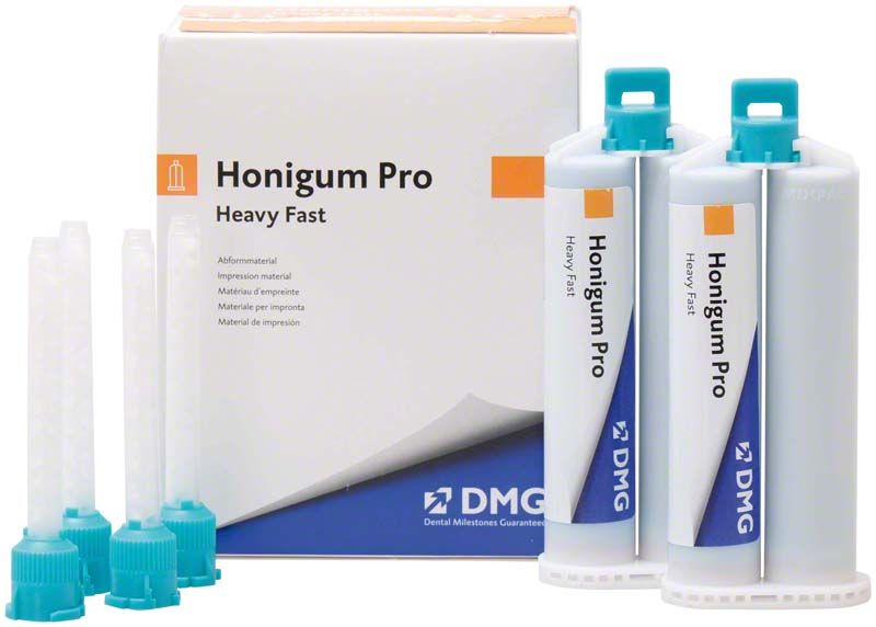 Honigum Pro-Heavy Fast Kartuschen 2 x 50ml mit Verpackung und Zubehör.