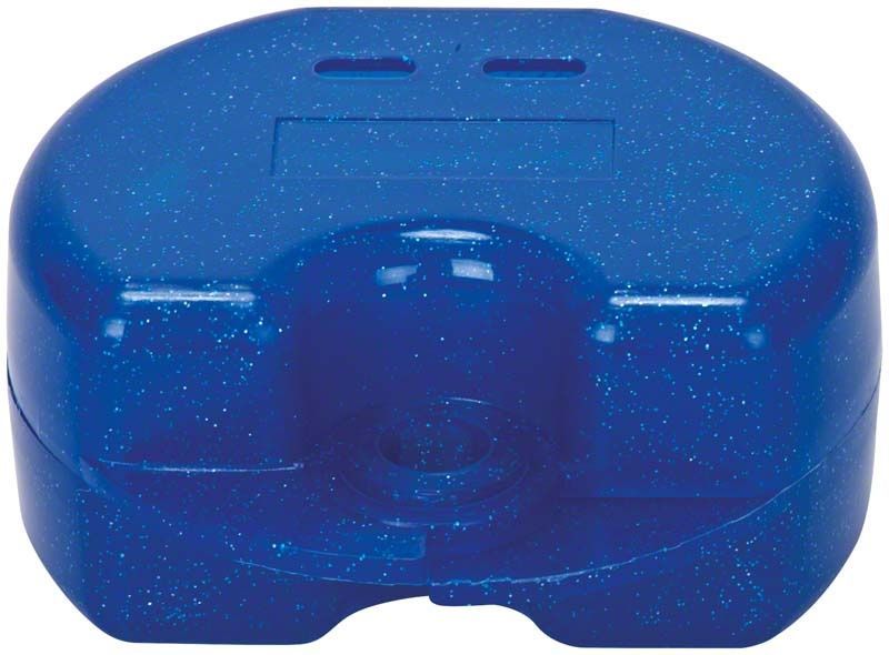 Blaue Zahnspangenbox mit metallic Glitzer-Effekt aus Kunststoff.