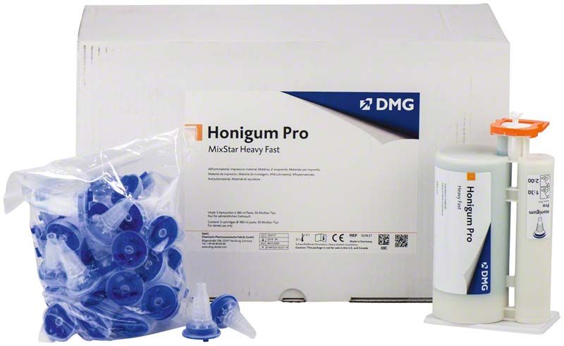 Honigum Pro-Heavy Fast Kartuschen 5 x 380ml mit Zubehör und Verpackung.