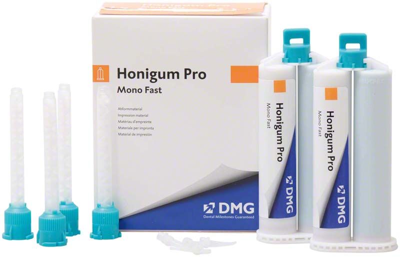 Honigum Pro-Mono Fast Kartuschen 2 x 50ml mit Mischdüsen und Verpackung.