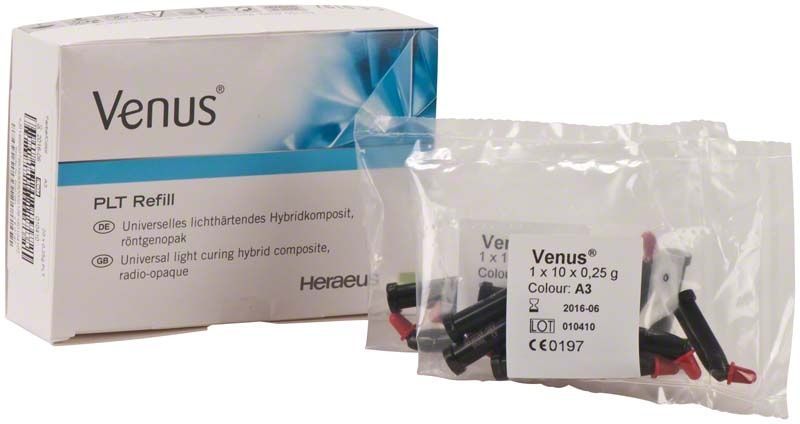 Venus PLT A3 lichthärtendes Komposit, Verpackung und Einzelteile.
