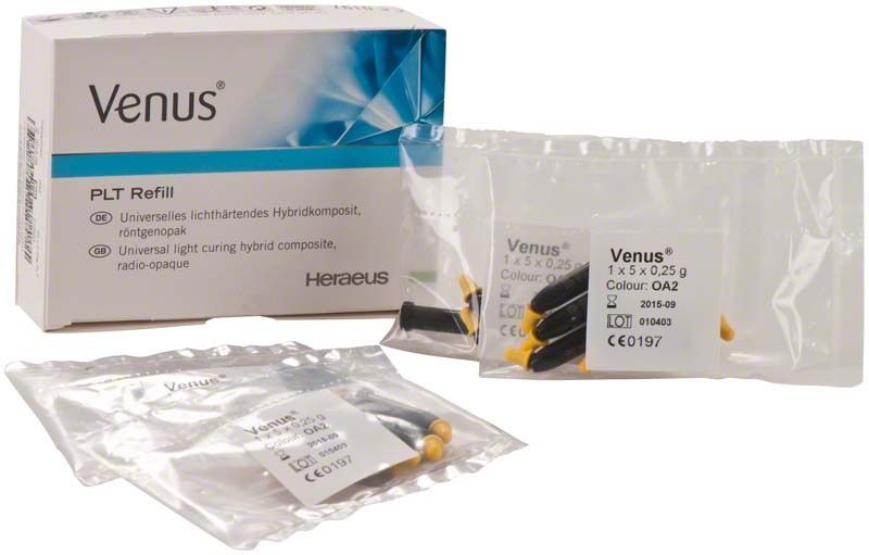 Venus PLT OA2 lichthärtendes Komposit mit Verpackung und Produktprobe.