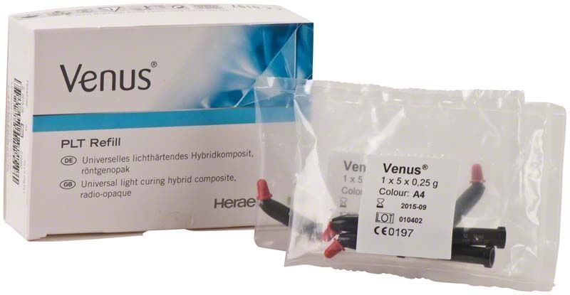 Venus PLT A4 Hybridkomposit-Nachfüllpackung mit Beipackzettel und Applikationskappen.