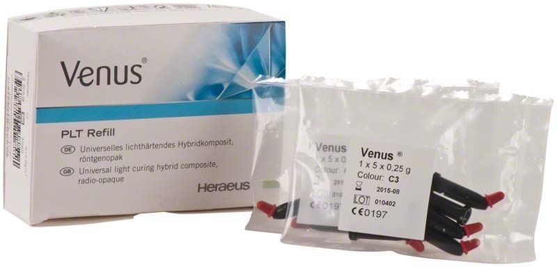 Venus PLT C3 lichtaushärtendes Hybridkomposit in weißer Verpackung mit Nachfüllpackung.