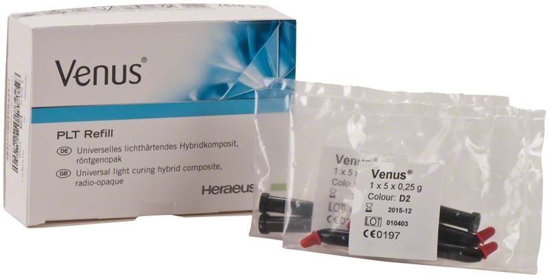 Venus PLT D2 Nachfüllpackung mit licht-härtendem Hybridkomposit in Beuteln.