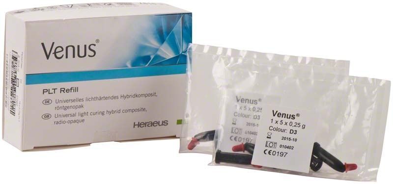 Universelles lichthärtendes Hybridkomposit Venus PLT D3 mit Verpackung und Nachfüllpackungen.