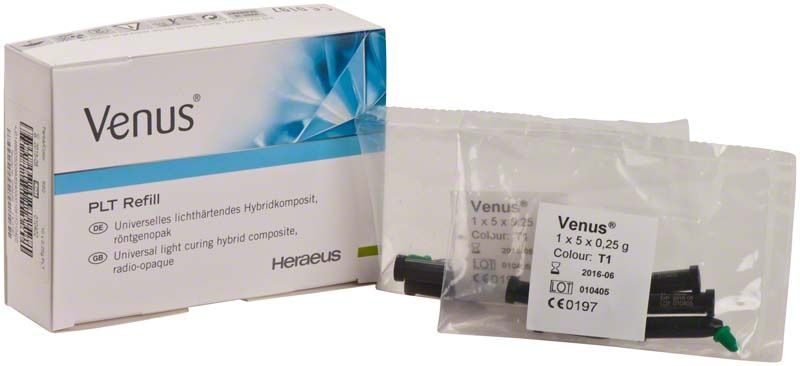 Verpackung von Venus PLT T1 Hybridkomposit mit Nachfüllpackungen.
