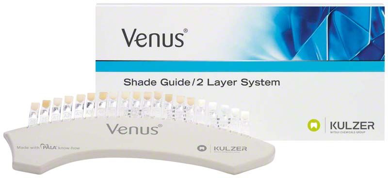 Venus® Farbschlüssel für Zahnfarbbestimmung mit Verpackung im Hintergrund