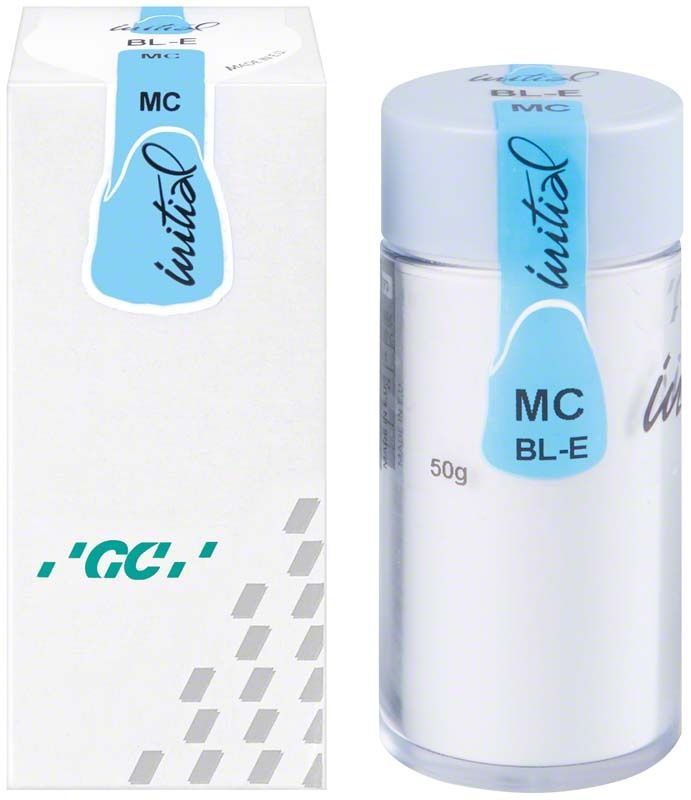 GC Initial MC Bleach Enamel 50g, Verpackung und Glasbehälter mit blauem Etikett.