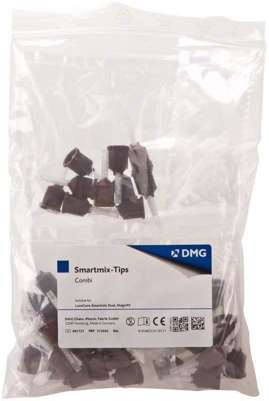 Smartmix-Tips Combi Mischkanülen in transparenter Verpackung mit Etikett.