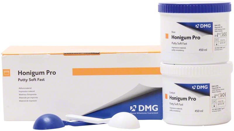 Honigum Pro-Putty Soft Fast Abformmaterial in 450ml Dosen mit Messlöffeln.