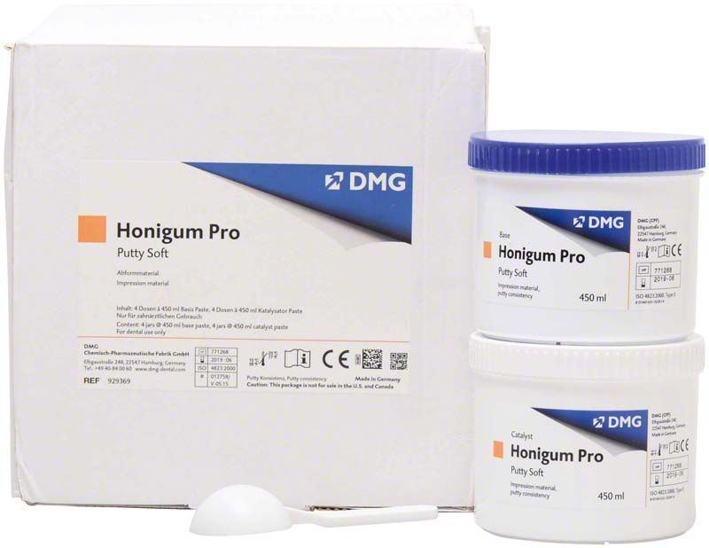 Honigum Pro-Putty Soft Dosen mit Beipackzettel und Dosierlöffel.