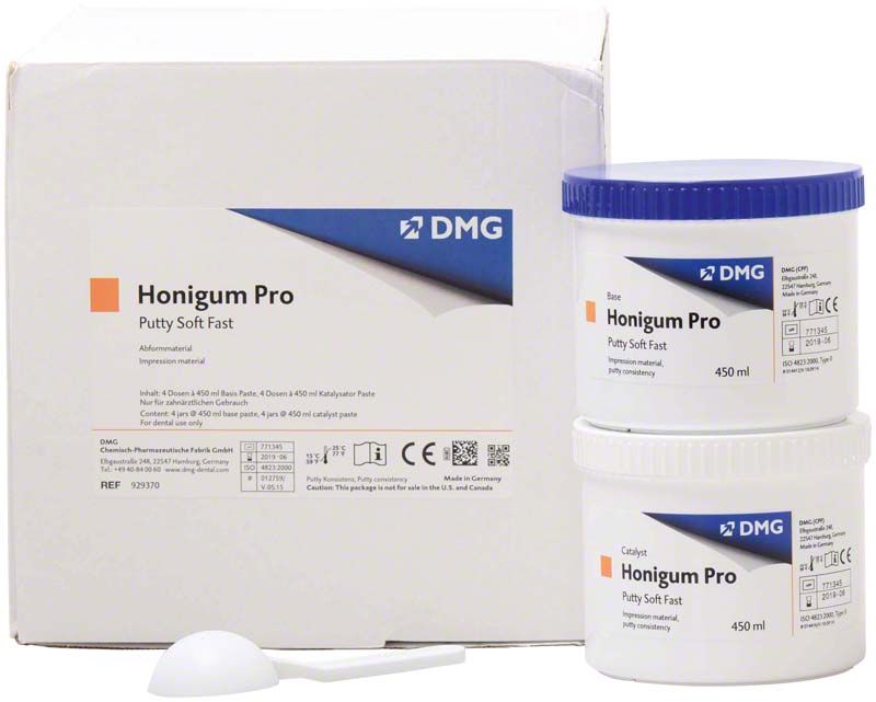 Honigum Pro-Putty Soft Fast Set mit zwei Dosen und Messlöffel.