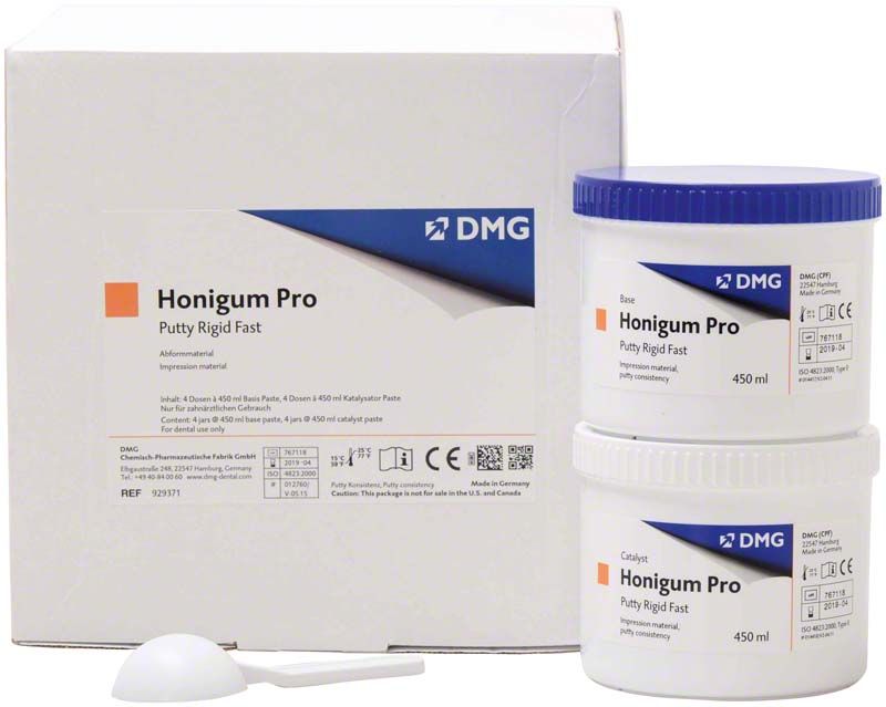 Honigum Pro-Putty Rigid Fast, 8 Dosen à 450 ml, mit Verpackung und Löffel.