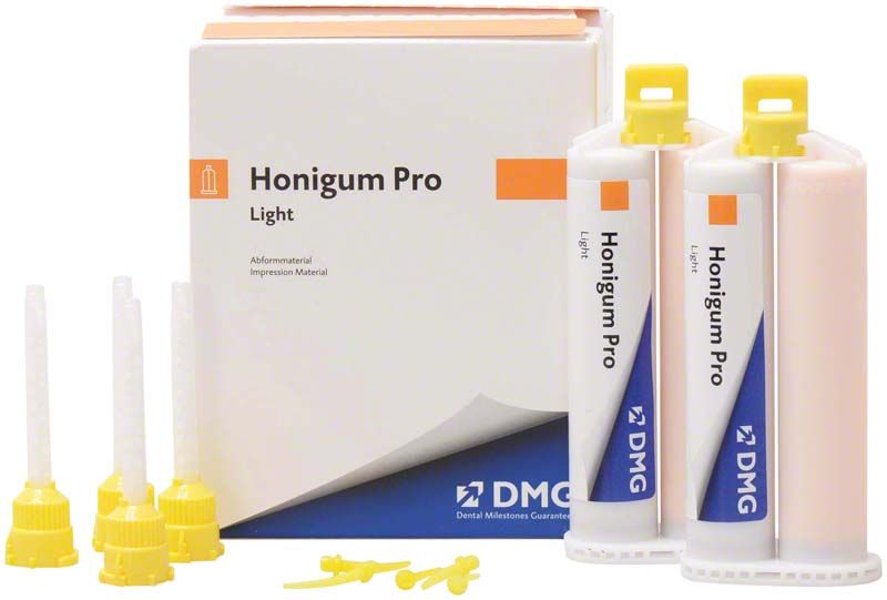 Honigum Pro-Light Kartuschen und Zubehör für dentalmedizinische Abformungen.