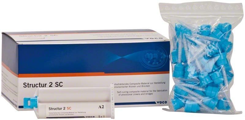 Struktur 2 SC Kartuschen und Zubehörbeutel mit blauen Applikationsspitzen.