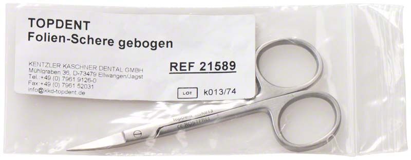 Folienschere gebogen von Kentzler-Kaschner Dental in geöffneter Verpackung.