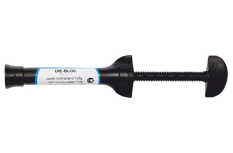 Die Bloc Paste 3g Spritze mit Etikett und schwarzem Kolben.