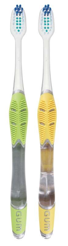 Zwei GUM® Technique® + Zahnbürsten mit Quad-Grip-Griff in Gelb und Grün.