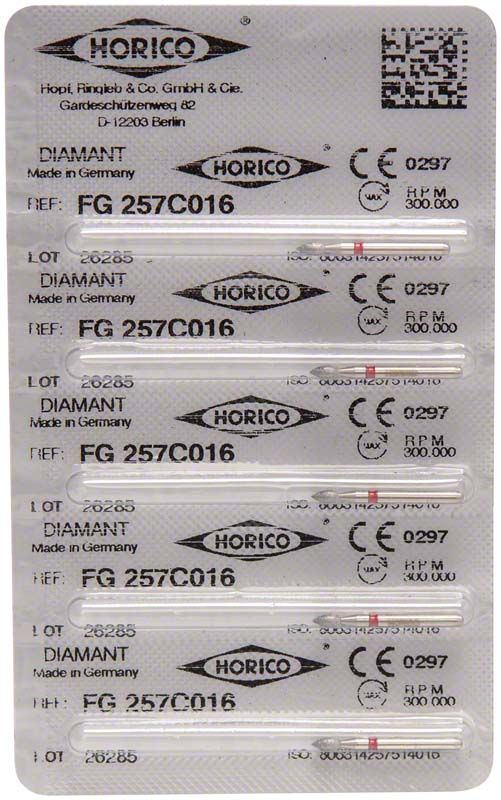 Blisterverpackung mit fünf Horico Diamantschleifern FG 257C 016 für Zahnmedizin.