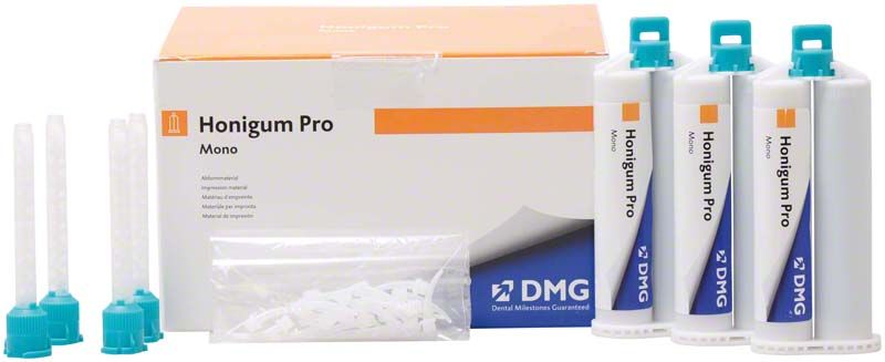 Honigum Pro-Mono Kartuschen mit Zubehör für dentale Abformungen.