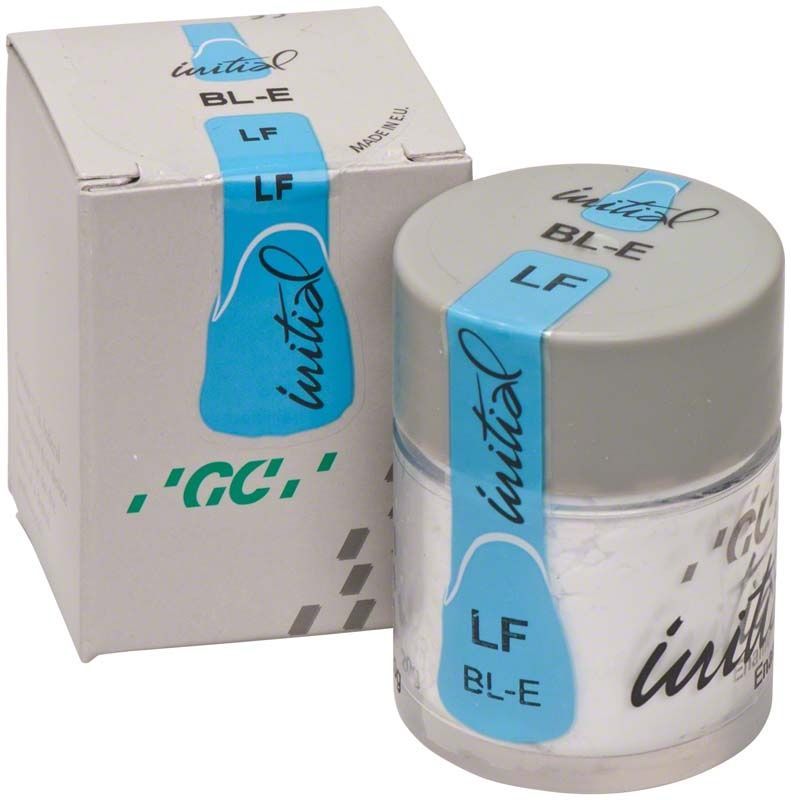 GC Initial LF Bleach Enamel BL-E im Glasbehälter mit Verpackung.