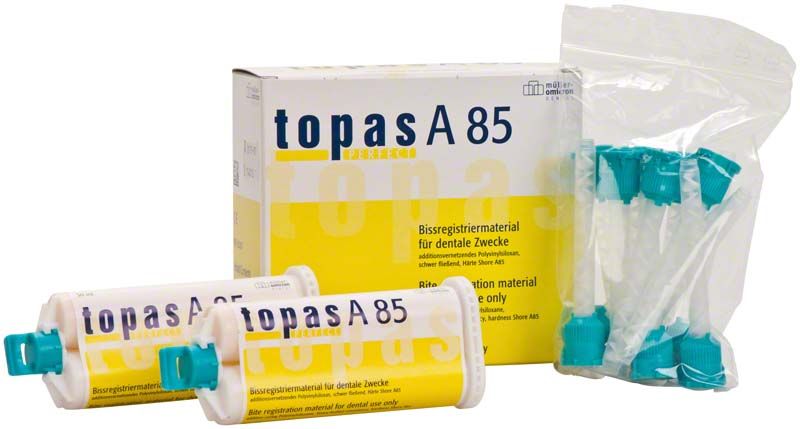 Topas perfect A85 Kartuschen und Zubehör vor Produktverpackung.