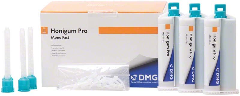 Honigum Pro-Mono Fast Kartuschen 8 x 50ml mit Zubehör und Verpackung.