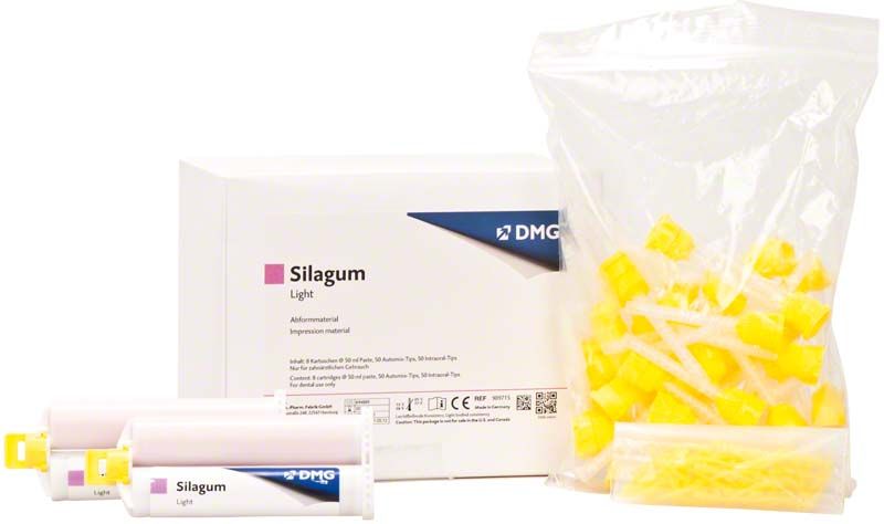 Silagum Automix light 8 x 50ml mit Zubehör und Verpackung.