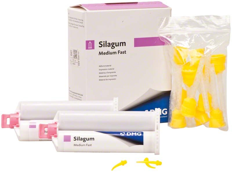 Silagum Automix medium fast Kartuschen mit Mischkanülen und Verpackung.