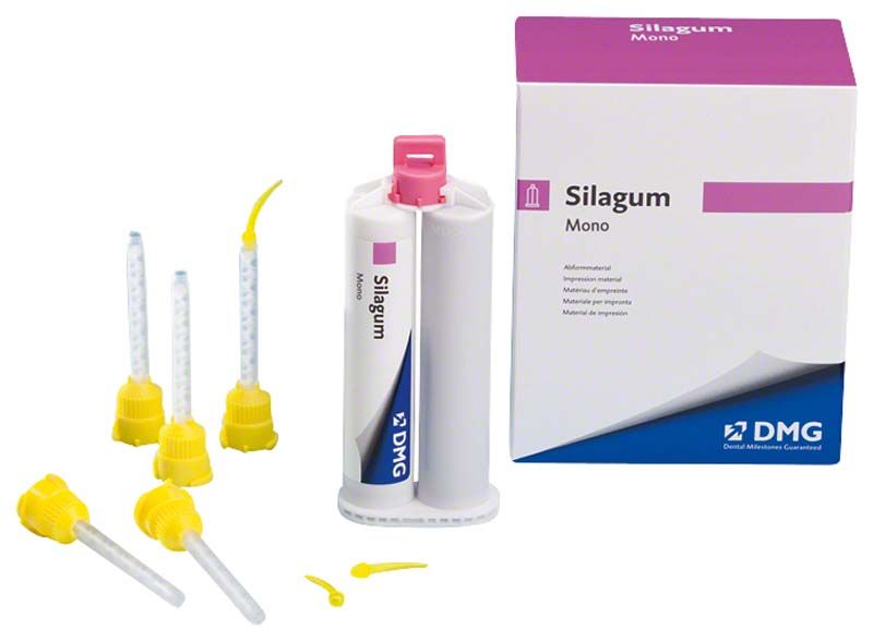 Silagum Automix mono Abformmaterial mit Kartuschen und Mischkanülen.