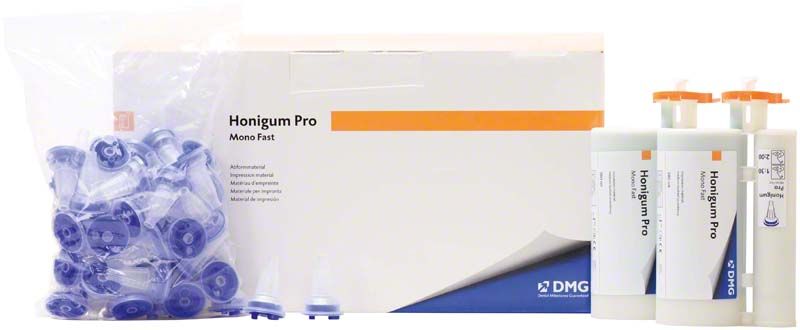Honigum Pro-Mono Fast Kartuschen 5 x 380ml mit Verpackung und Zubehör.