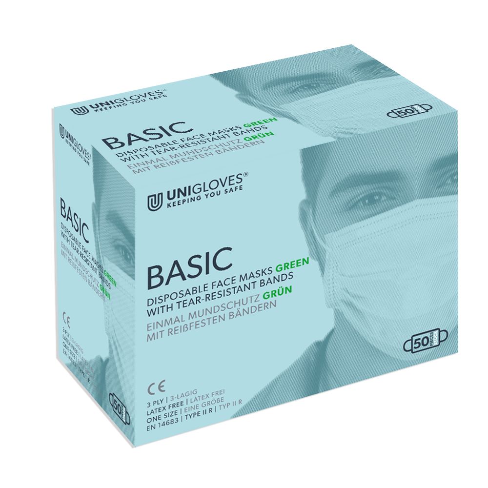 Einmalmundschutz Basic grün von Medic-Star in Kartonverpackung mit Gesichtsmotiv.