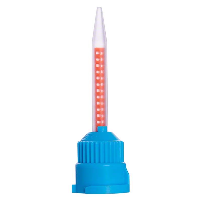 Helleblaue Automix Mischkanüle mit transparentem Mischrohr für den dentalen Gebrauch.