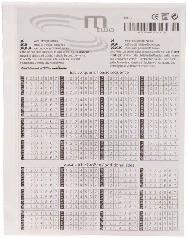 Aufkleberbogen für Endofeilenaufbereitung mit Mtwo®-Markierung und Größentabelle.