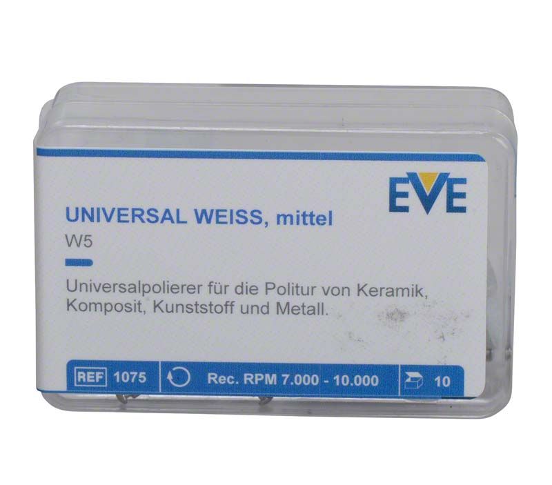 Silikonpolierer-Box EVE UNIVERSAL weiß mit mittlerer Körnung für Dentalanwendungen.