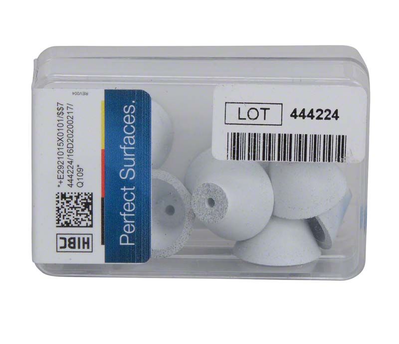 Unmontierte weiße Universalpolierer in transparenter Kunststoffbox mit Etikett.