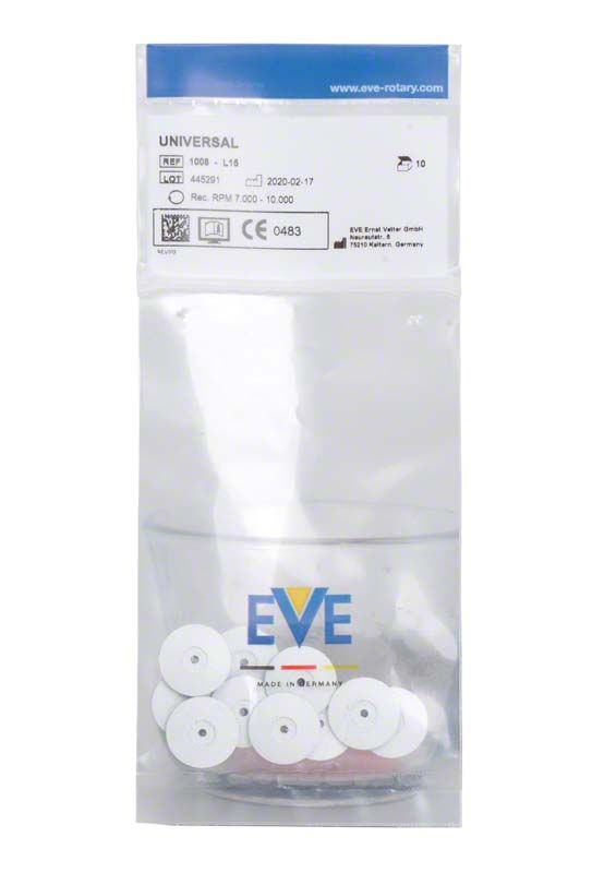 EVE UNIVERSAL Silikonpolierer in weißer Verpackung mit 10 unmontierten Einheiten.