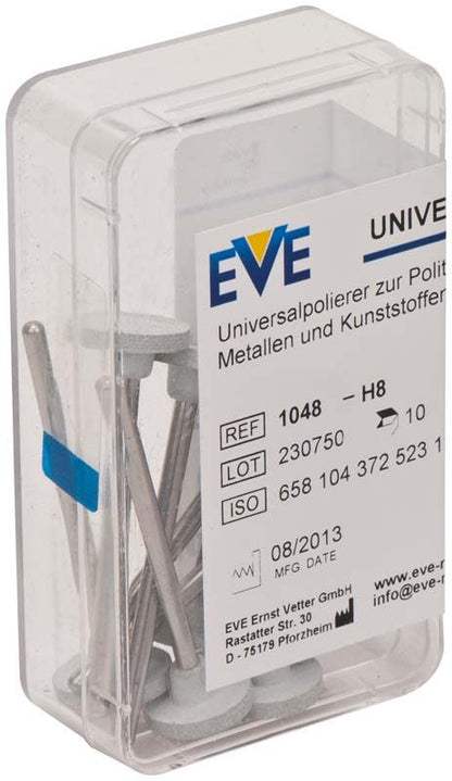 Kunststoffbox mit EVE UNIVERSAL Schleifkörpern und Metallstiften, Etikett sichtbar.