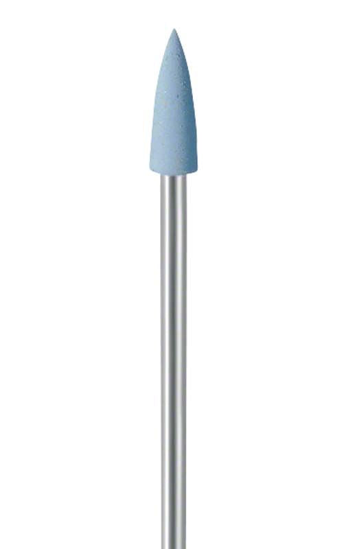 Blauer dentaler Polierer mit schmaler Spitze und silbernem Schaft.